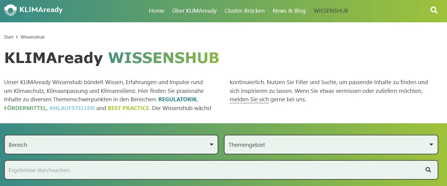 Screenshot of the KLIMAready KNOWLEDGE HUB with filter and search functionality